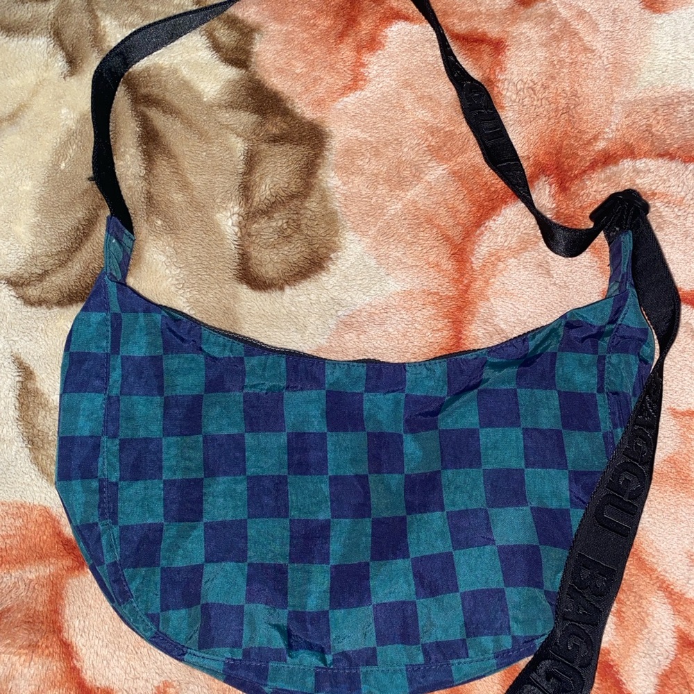 Baggu Navy Green Check Medium Crescent Bag
